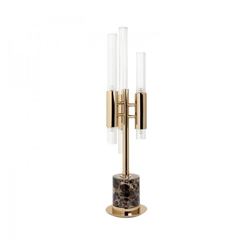 Fluted Glass Trident LED Table Light Mid-Century Hotel Nightstand Lamp with Cylinder Base in Gold