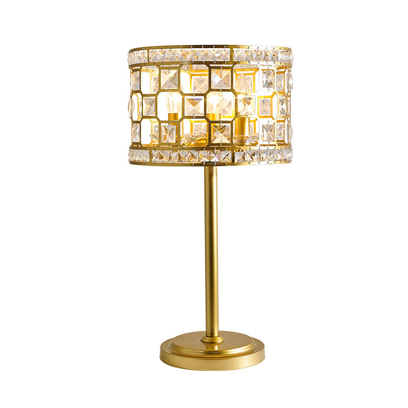 Gold Hollowed Out Drum Table Lamp Traditional K9 Crystal 3-Light Living Room Night Stand Light