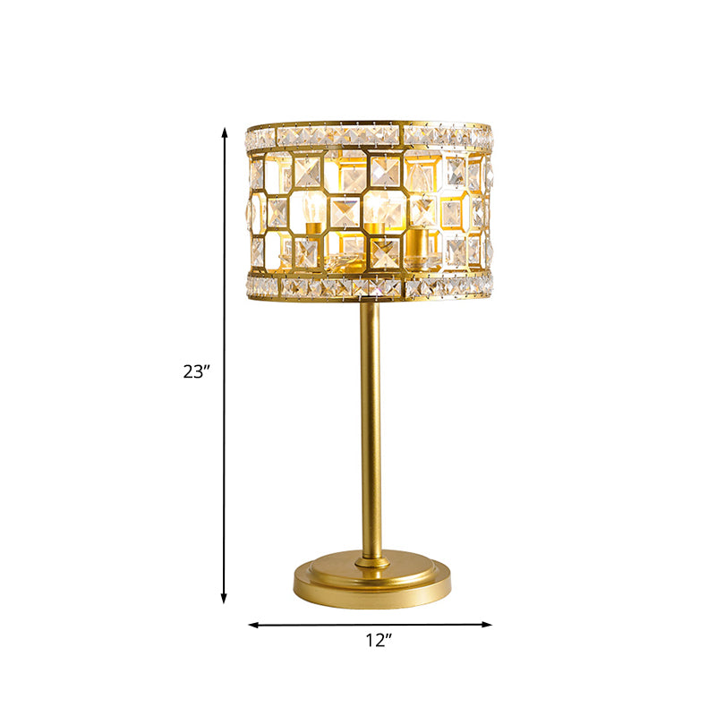 Gold Hollowed Out Drum Table Lamp Traditional K9 Crystal 3-Light Living Room Night Stand Light