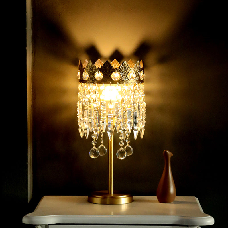 Brass 1 Bulb Nightstand Light Antique Crystal Fringe Table Lighting with Carved Crown Top