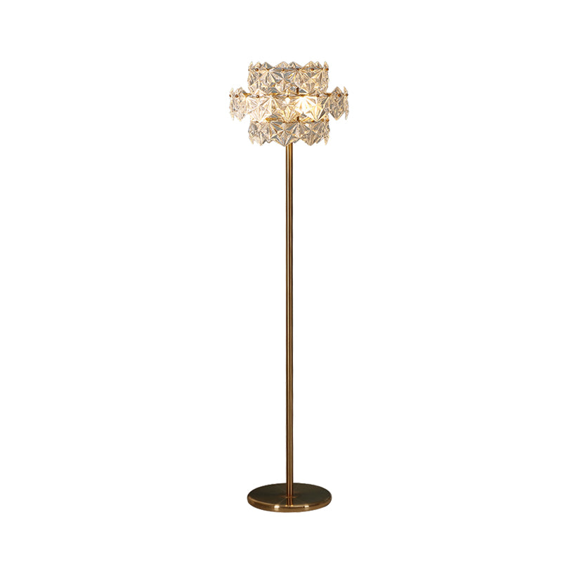 Tiered Hexagon Crystal Stand Up Lamp Mid Century 1-Light Sitting Room Floor Lighting in Gold