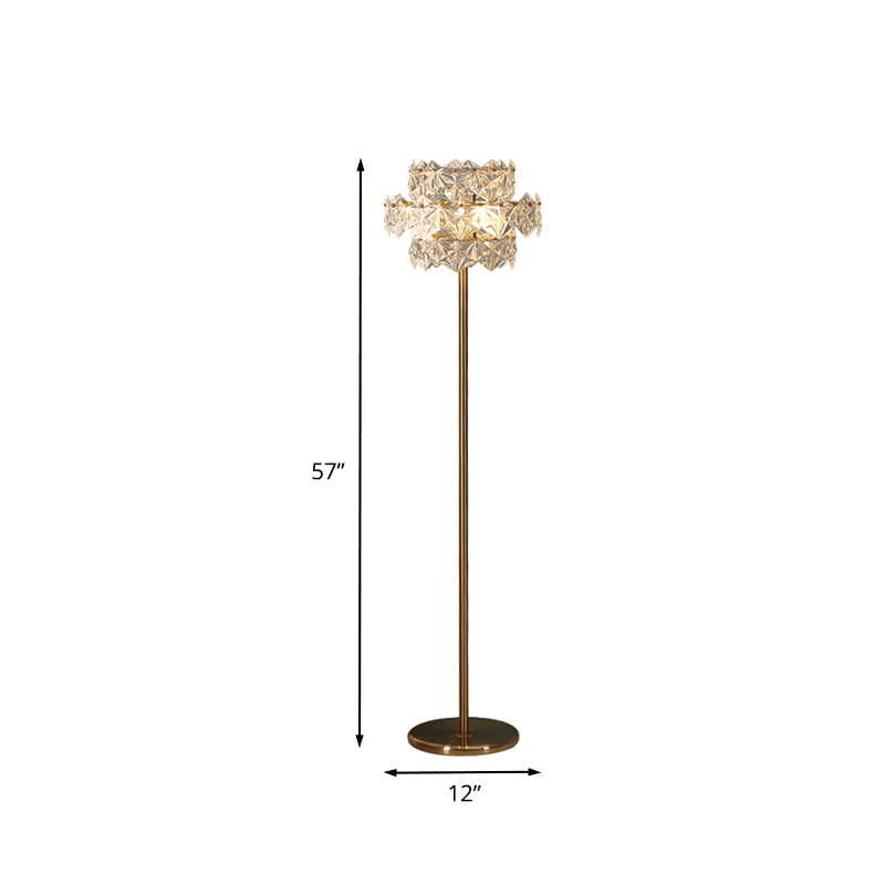 Tiered Hexagon Crystal Stand Up Lamp Mid Century 1-Light Sitting Room Floor Lighting in Gold