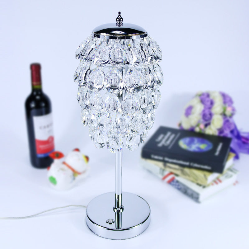 Pipe Cone LED Nightstand Light Modern Clear/Champagne Crystal Table Lighting with Chrome Rod Stem