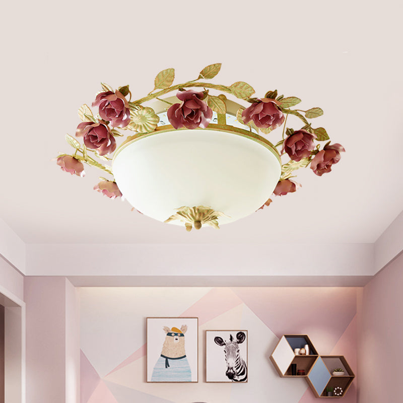 American Flower Bowl Ceiling Flush 3-Light Opal Frosted Glass Flushmount Lighting in Pink-Green, Small/Large Size