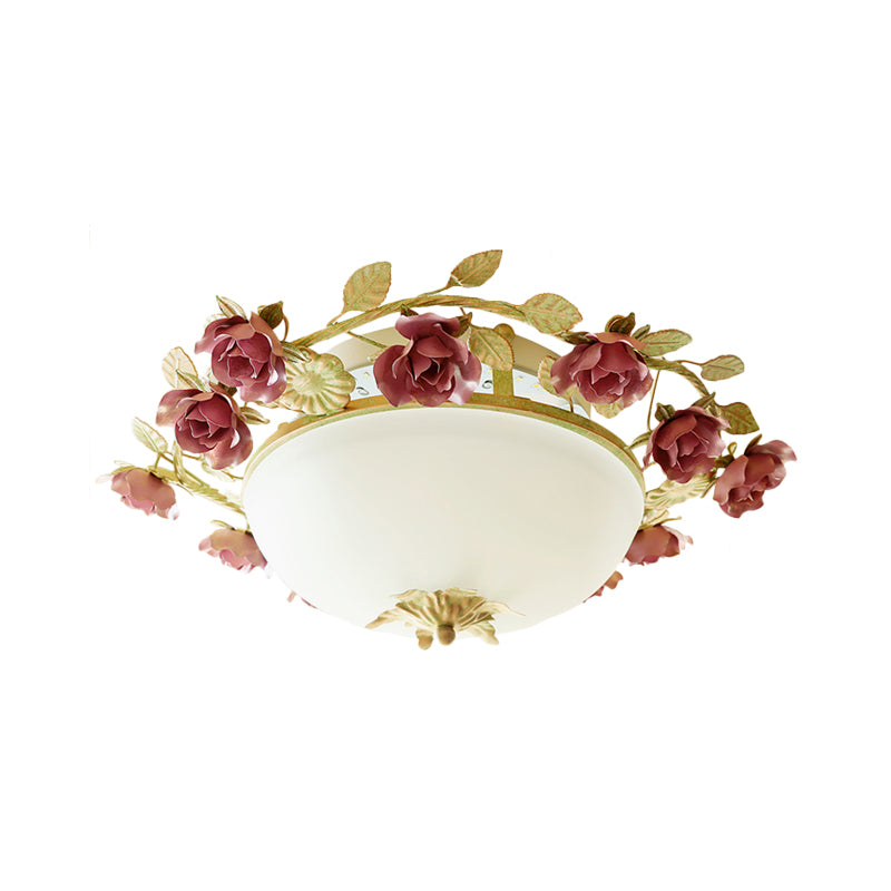 American Flower Bowl Ceiling Flush 3-Light Opal Frosted Glass Flushmount Lighting in Pink-Green, Small/Large Size