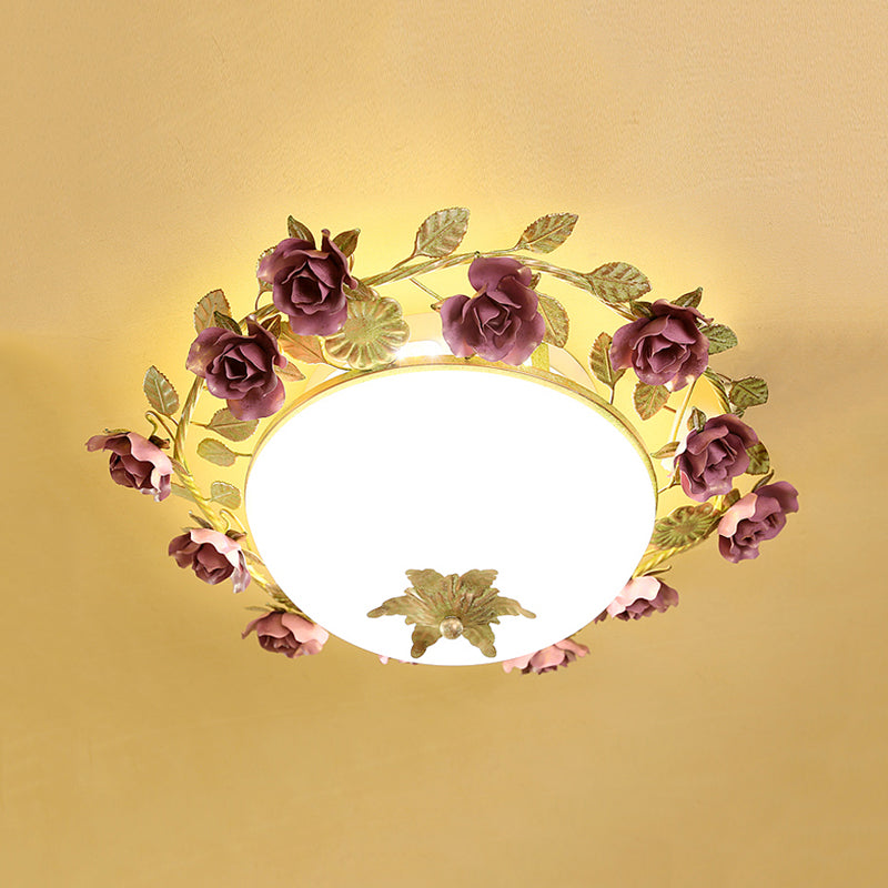 American Flower Bowl Ceiling Flush 3-Light Opal Frosted Glass Flushmount Lighting in Pink-Green, Small/Large Size