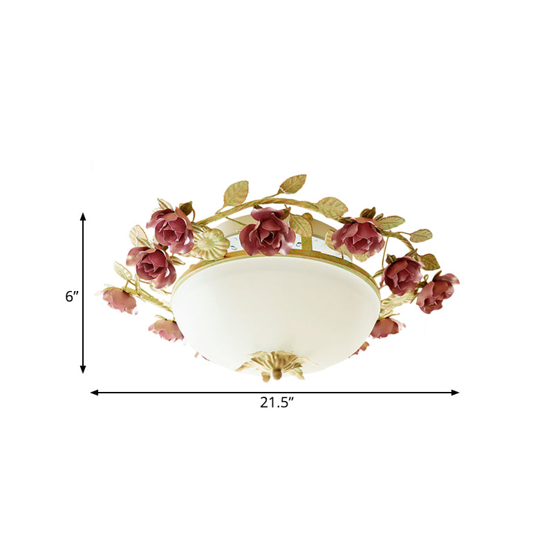 American Flower Bowl Ceiling Flush 3-Light Opal Frosted Glass Flushmount Lighting in Pink-Green, Small/Large Size