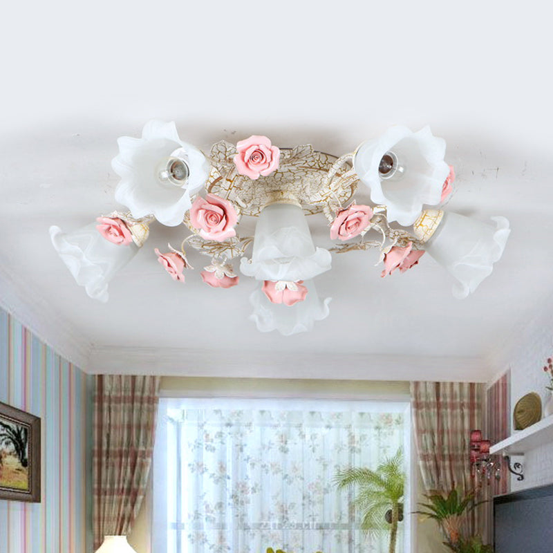 Pink 4/6 Heads Semi Flush Mount American Flower Milk Glass Morning Glory Ceiling Light Fixture