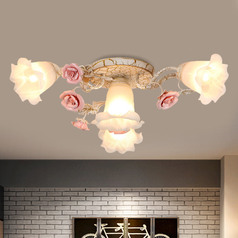 Pink 4/6 Heads Semi Flush Mount American Flower Milk Glass Morning Glory Ceiling Light Fixture