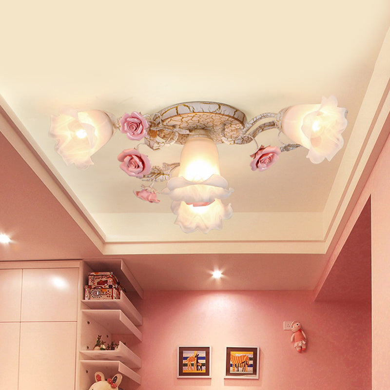 Pink 4/6 Heads Semi Flush Mount American Flower Milk Glass Morning Glory Ceiling Light Fixture