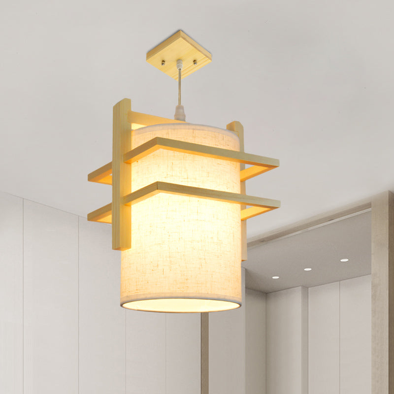 Tessuto kit lampada a sospensione cilindrica kit asiatico 1 testa sospensione soffitto beige con scaffale in legno