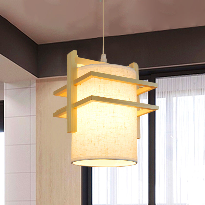 Tessuto kit lampada a sospensione cilindrica kit asiatico 1 testa sospensione soffitto beige con scaffale in legno