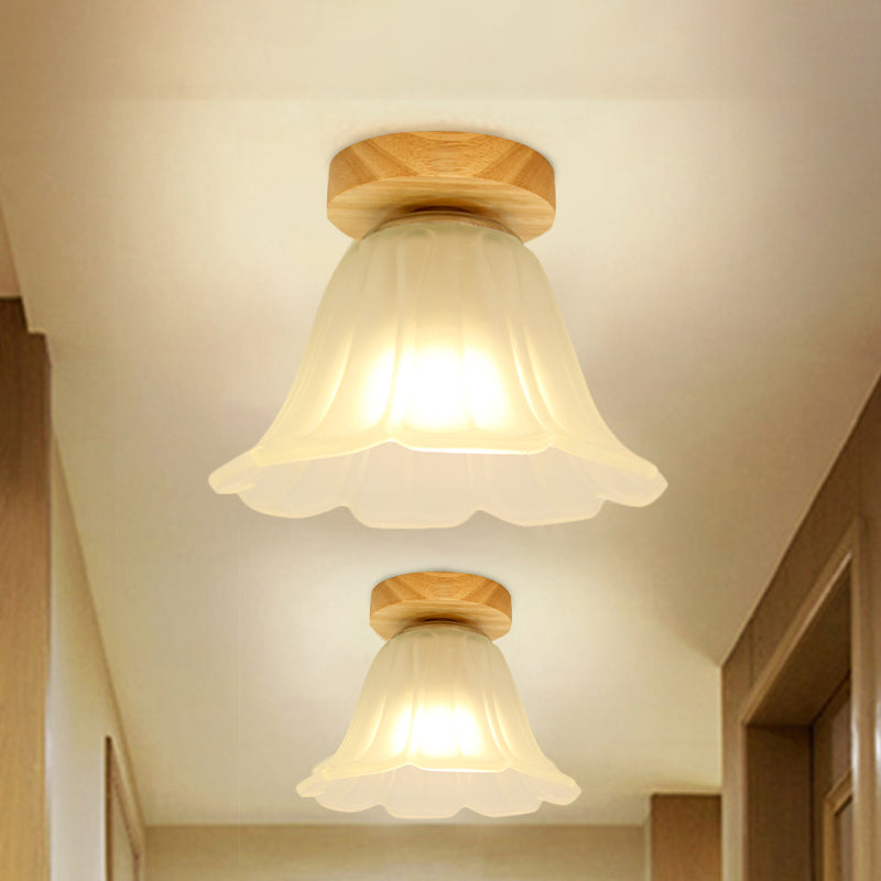 1-Head Corridor Flush Mount Lamp Modernism Wood Flushmount with Flower White Glass Shade