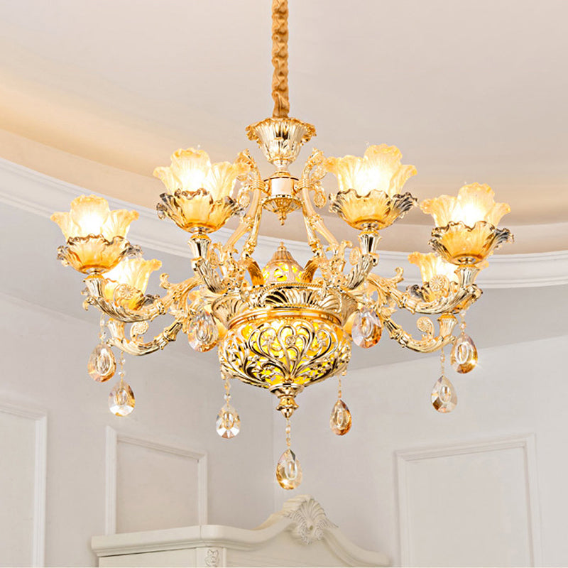 Luxury Flower Hanging Chandelier 6/8 Bulbs Amber Glass Ceiling Light in Gold with Crystal Draping