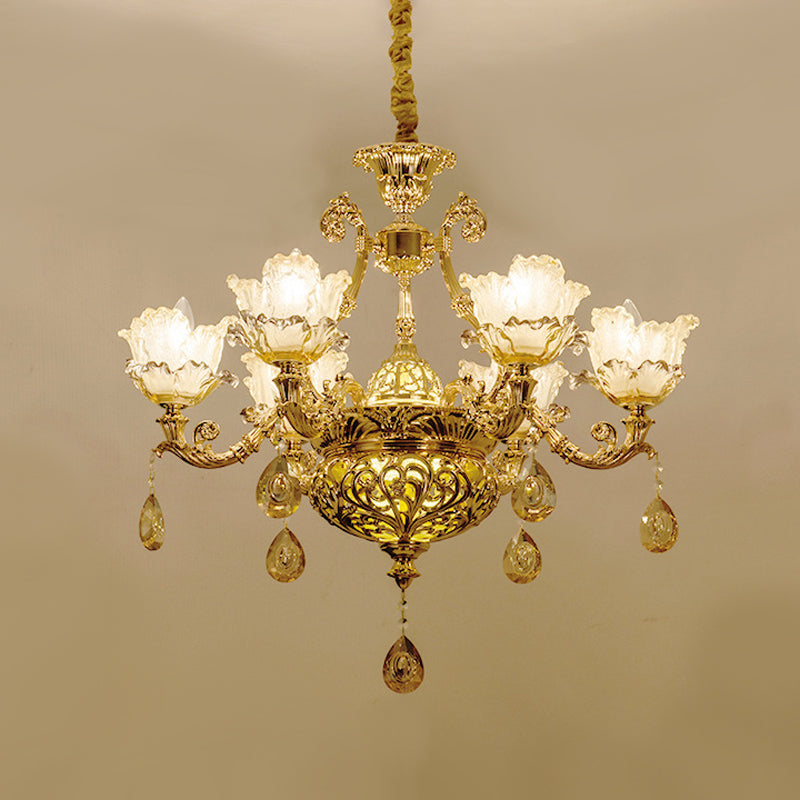 Luxury Flower Hanging Chandelier 6/8 Bulbs Amber Glass Ceiling Light in Gold with Crystal Draping