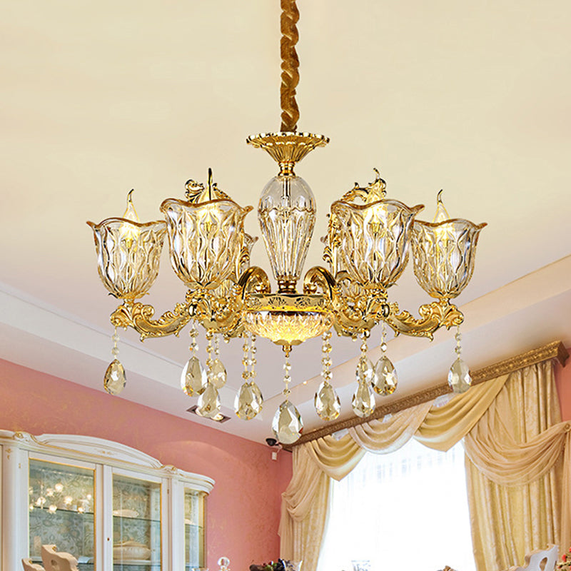 Champagne 6/8 têtes lustre modernisme amber cristal fleur suspendue luminaire avec bras sculpté