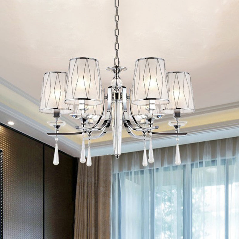 Fabric Chrome Hanging Chandelier Cone 6 Lights Contemporary Pendant Light with Crystal Draping