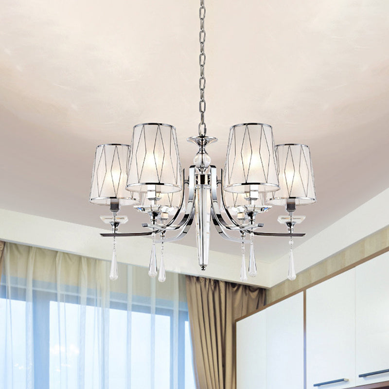 Fabric Chrome Hanging Chandelier Cone 6 Lights Contemporary Pendant Light with Crystal Draping