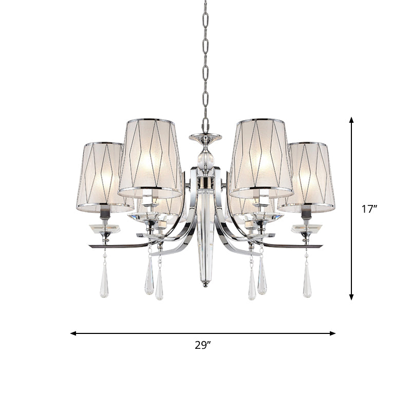 Fabric Chrome Hanging Chandelier Cone 6 Lights Contemporary Pendant Light with Crystal Draping