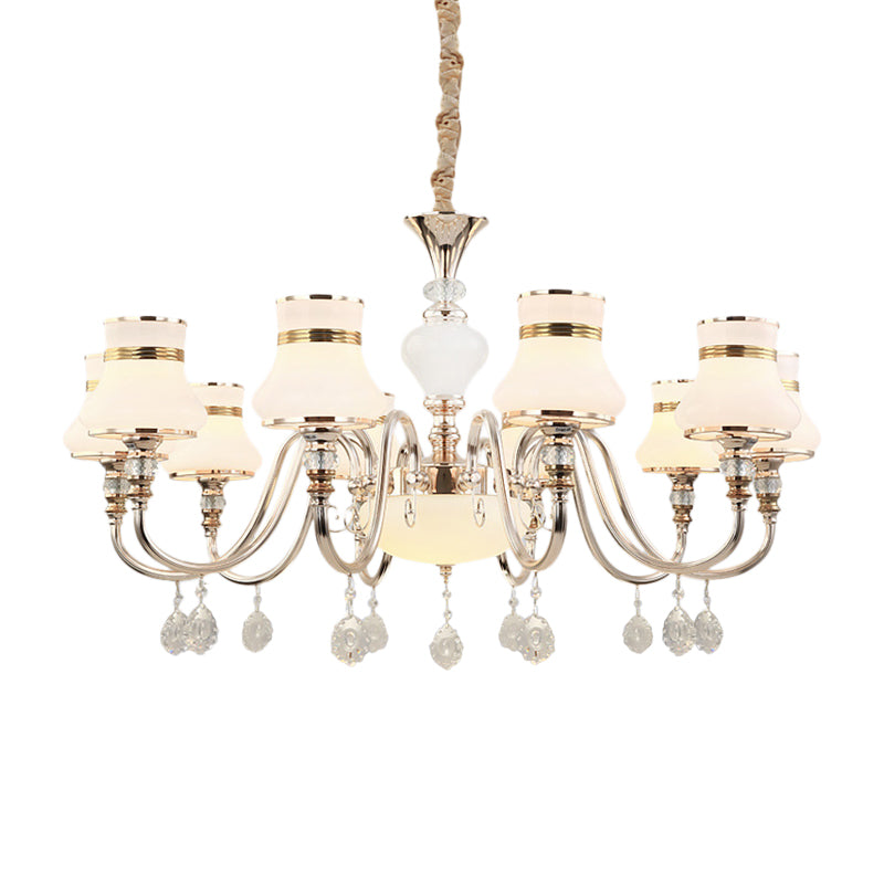 10-Light Flared Ceiling Chandelier Modern Gold Frosted Glass Pendant Lamp with Crystal Draping