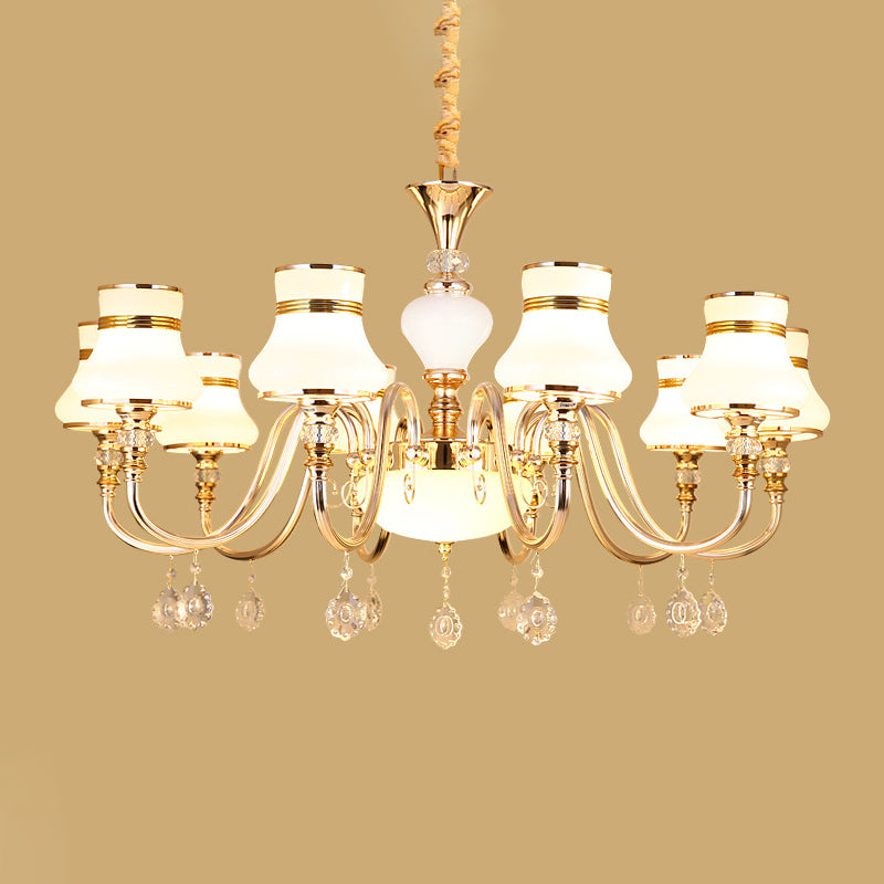 10-Light Flared Ceiling Chandelier Modern Gold Frosted Glass Pendant Lamp with Crystal Draping