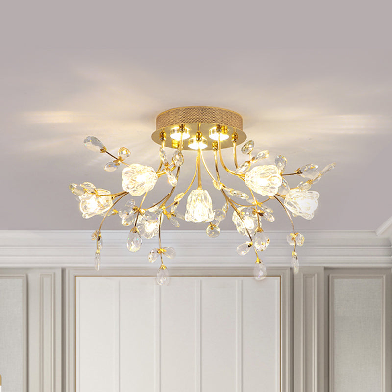 Blossom Crystal Semi Flush Light Contemporáne Lámpara de montaje de lavado de 7 cabezas en oro