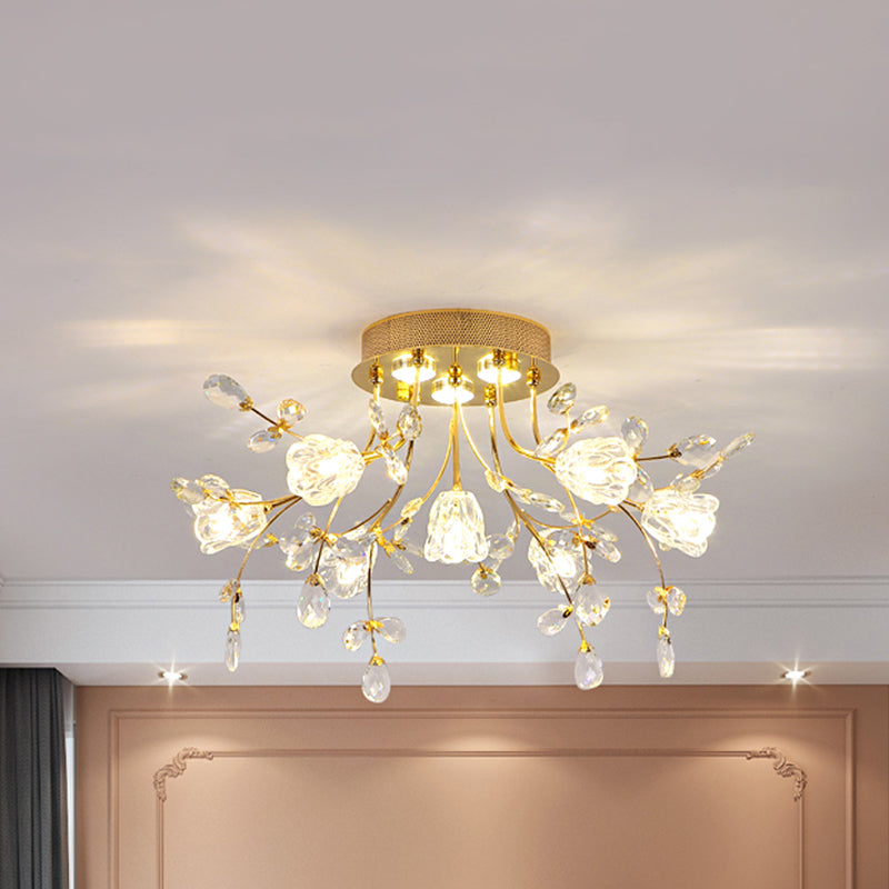 Blossom Crystal Semi Flush Light Contemporain Bandroom à coucher lampe à chasse d'eau en or