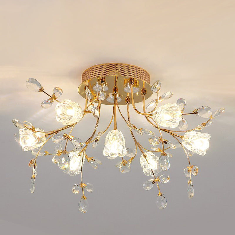 Blossom Crystal Semi Flush Light Contemporain Bandroom à coucher lampe à chasse d'eau en or