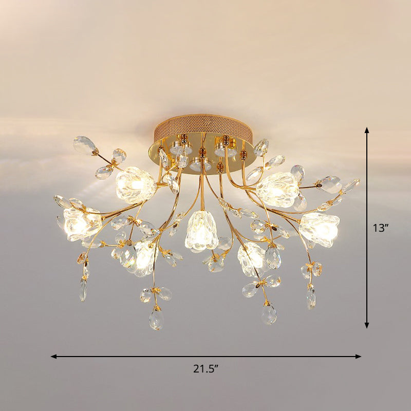 Blossom Crystal Semi Flush Light Contemporary 7-Head Bedroom Flush Mount Lamp in Gold