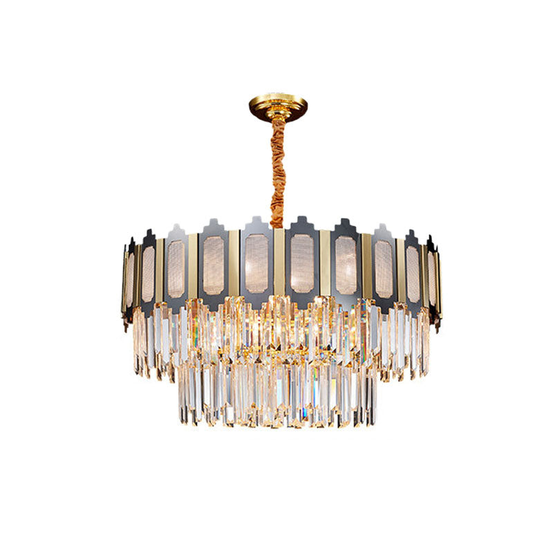 Tiered Bedroom Chandelier Lamp Modernism Clear Crystal 10 Heads Black and Gold Pendant