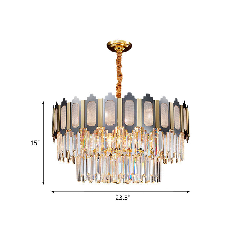 Tiered Bedroom Chandelier Lamp Modernism Clear Crystal 10 Heads Black and Gold Pendant