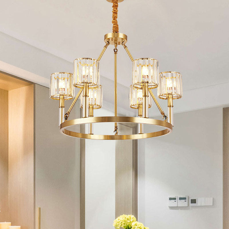 6-Head Crystal Suspension Light Modern Brass Cylinder Dining Room Chandelier Lighting Fixture