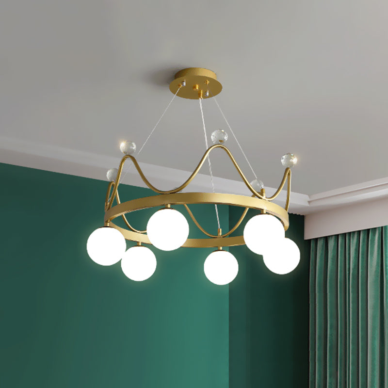 Crown Iron Chandelier Lighting Kid 6 Bollen roze/gouden hanglamp met orb -glazen schaduw en kristal eindelijk