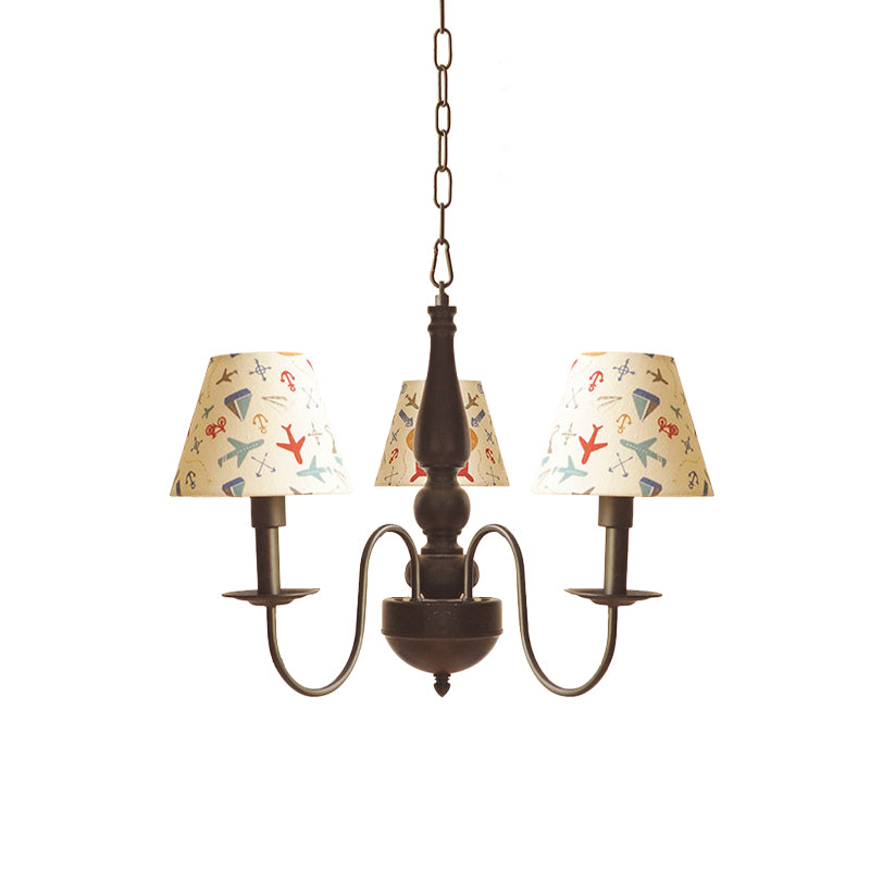 Kids Swoop Arm Iron Chandelier 3/5 Lights Suspended Lighting Fixture in Black with Conic Printed Fabric Shade