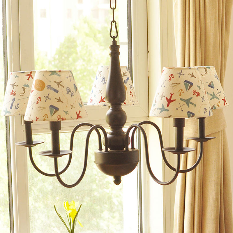 Kids Swoop Arm Iron Chandelier 3/5 Lights Suspended Lighting Fixture in Black with Conic Printed Fabric Shade