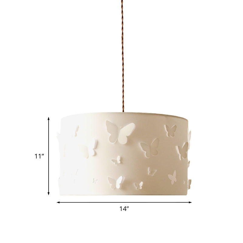 Minimalist 1-Light Drop Pendant White Butterfly-Embellished Drum Hanging Lamp with Fabric Shade