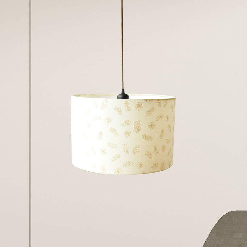 Stampare lampada a ciondolo tamburo in tessuto illuminazione a sospensione bianca a 1 luci con motivo piuma/uccello/albero