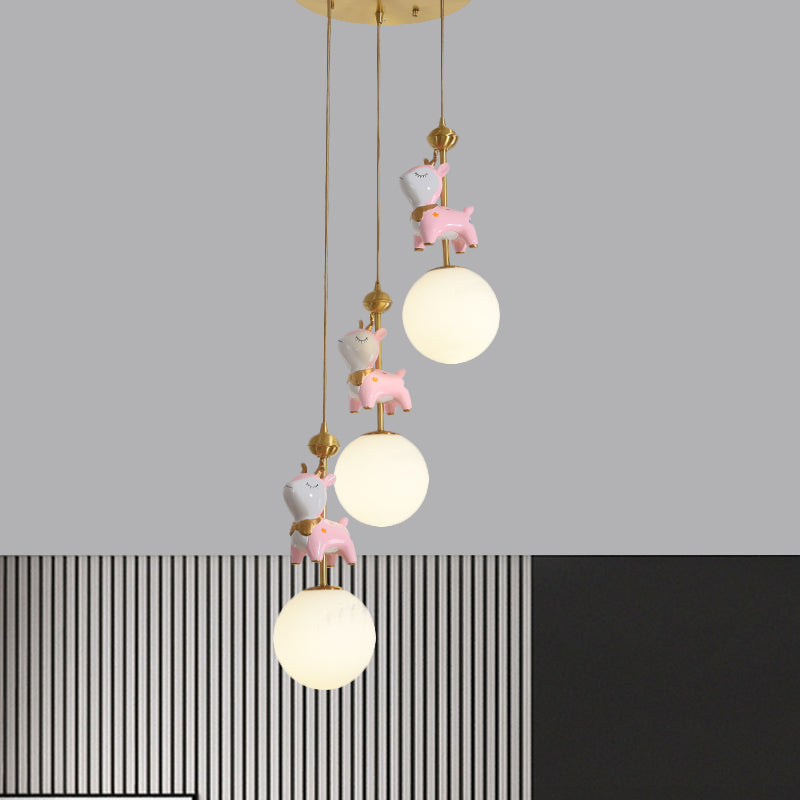 Cartoon Deer Cluster Ball Pendant Cream Glass 3-Head Kids Room Hanging Ceiling Light in Pink