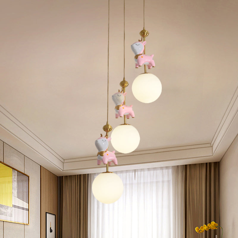 Cartoon Deer Cluster Ball Pendant Cream Glass 3-Head Kids Room Hanging Ceiling Light in Pink