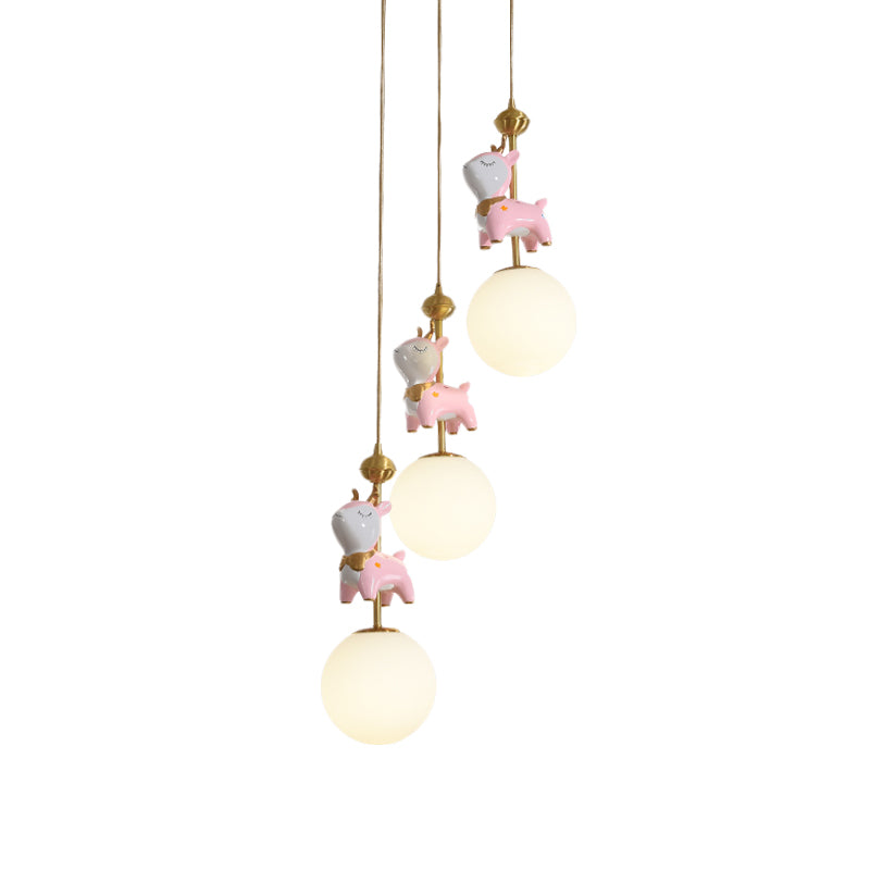 Cartoon Deer Cluster Ball Pendant Cream Glass 3-Head Kids Room Hanging Ceiling Light in Pink