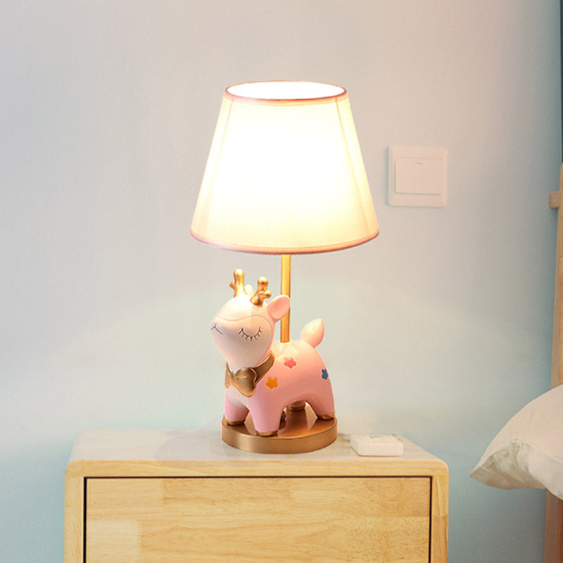 Sika Deer/Unicorn Bedside Table Lamp Resin Single Kids Night Light in Pink/Blue with Tapered Fabric Shade