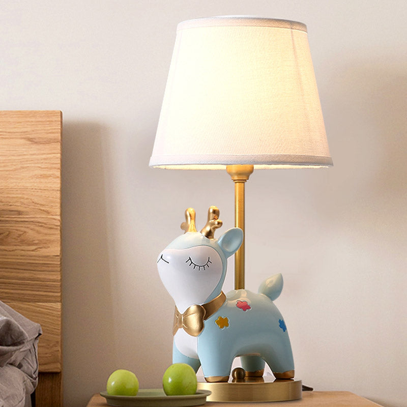 Sika Deer/Unicorn Bedside Table Lamp Resin Single Kids Night Light in Pink/Blue with Tapered Fabric Shade