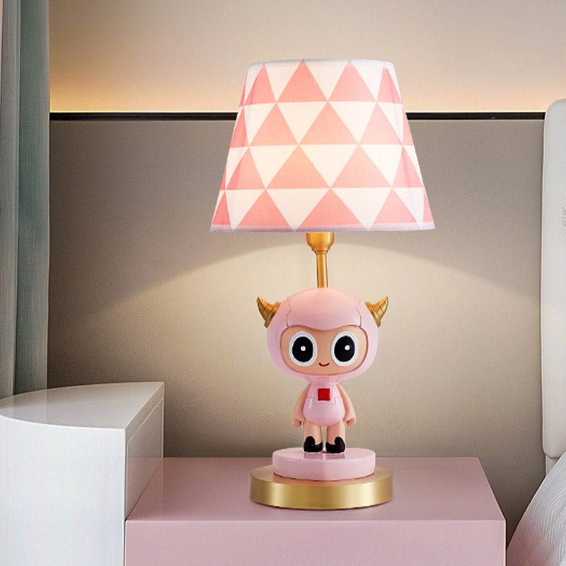 Cartoon Cow Boy Resin Night Lamp 1-Light Table Lighting with Triangle Print Shade in Pink/Blue