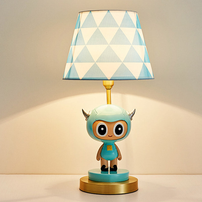 Cartoon Cow Boy Resin Night Lamp 1-Light Table Lighting with Triangle Print Shade in Pink/Blue