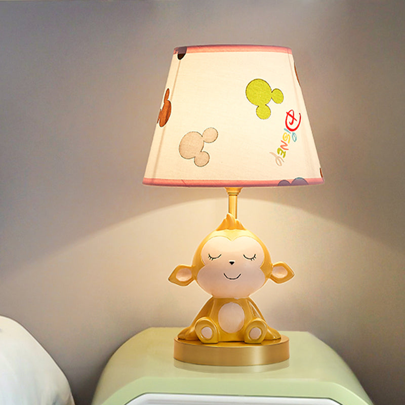 Cone Printed Fabric Nightstand Light Cartoon 1 Head White Table Lamp with Gold Monkey Base