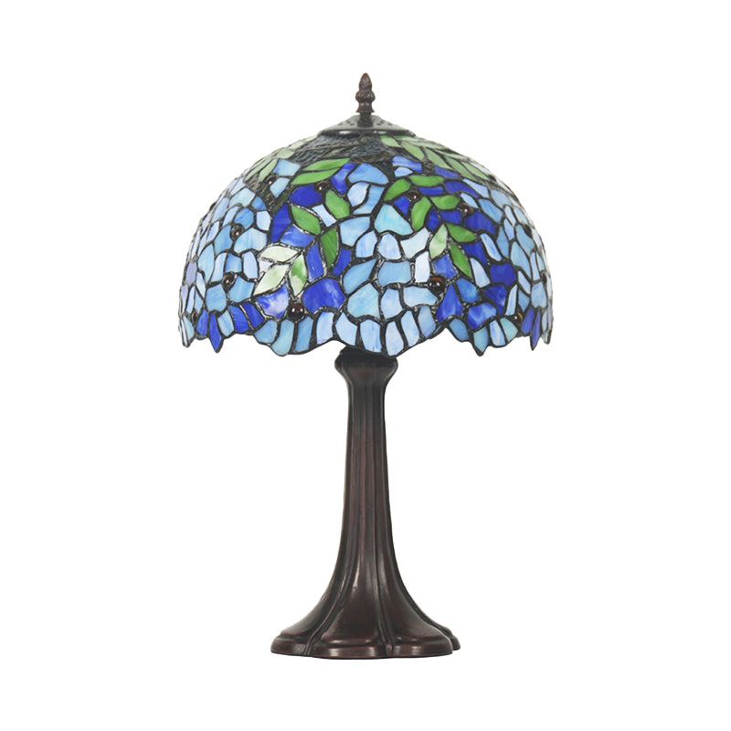 Mediterranean Leafy Pattern Table Lamp 1 Head Stained Glass Night Stand Light in Bronze