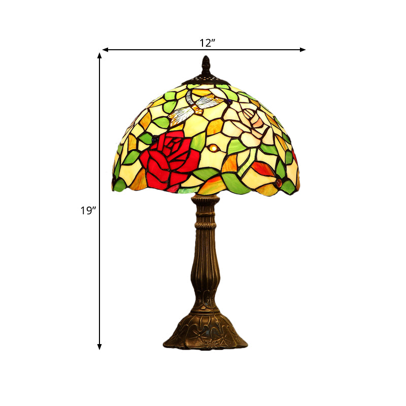 Tiffany Bowl Shade Table Light 1 Bulb Hand-Crafted Art Glass Nightstand Lamp with Rose Pattern in Bronze