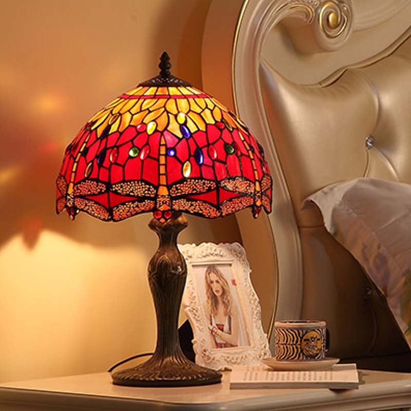 Dragonfly Table Lighting 1-Light Stained Glass Tiffany Style Night Stand Lamp in Dark Brown