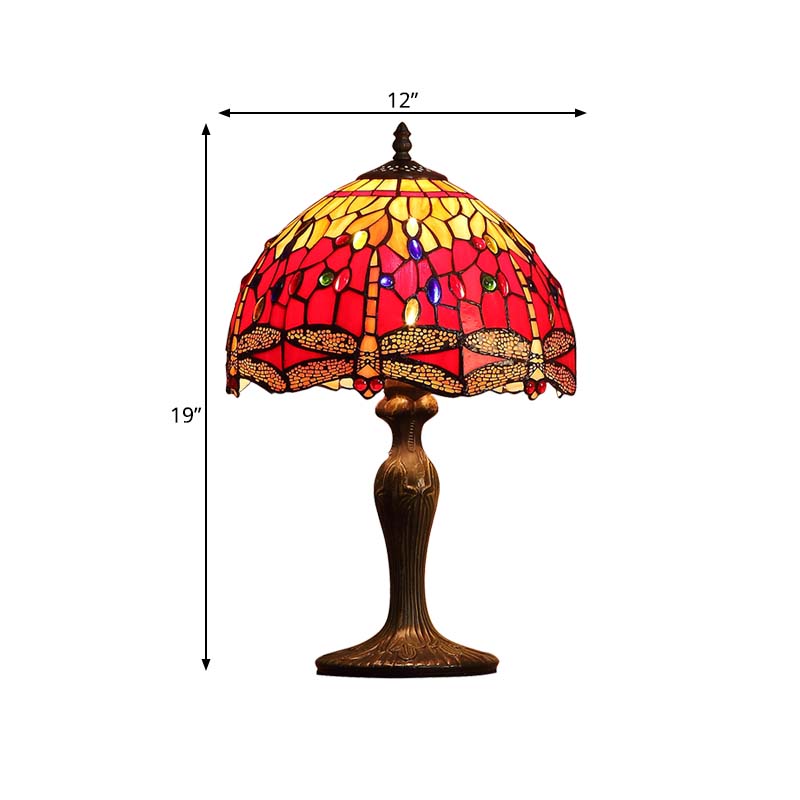 Dragonfly Table Lighting 1-Light Stained Glass Tiffany Style Night Stand Lamp in Dark Brown