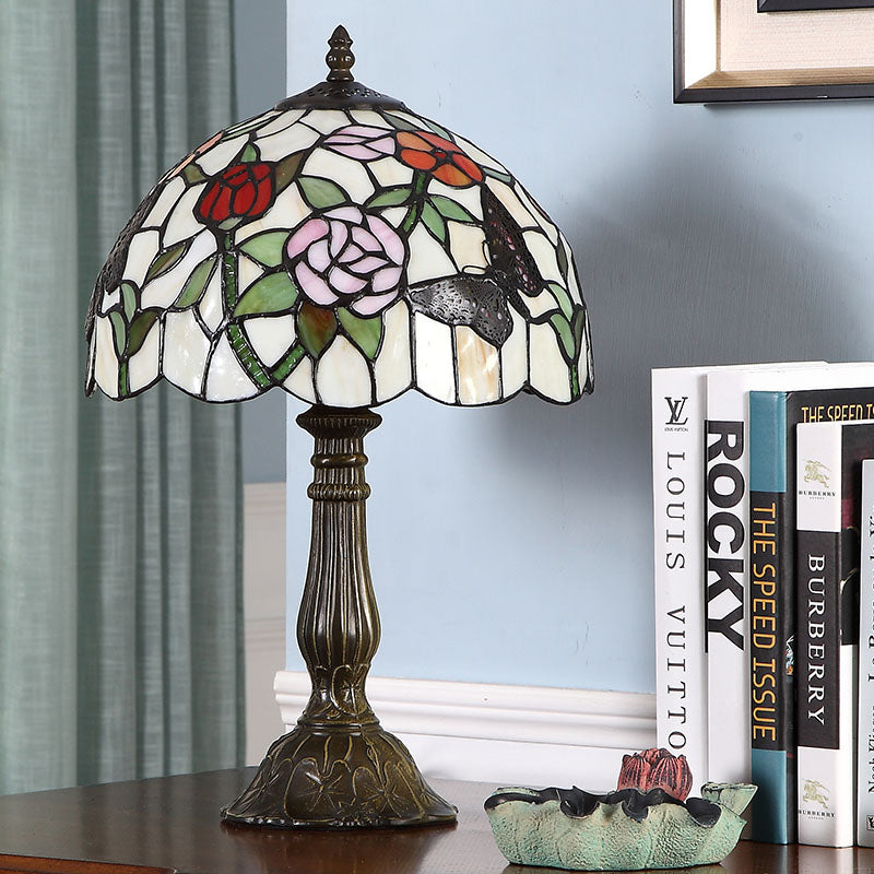 Butterfly and Flowerbud Table Lamp Tiffany Stained Glass Single-Bulb Bronze Nightstand Light